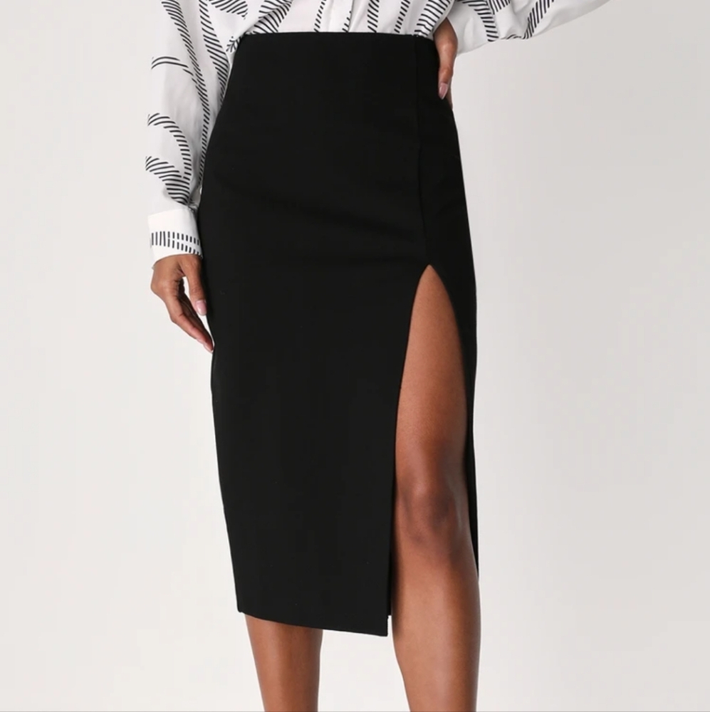 Lulu's Modern Desires classic black high waisted midi skirt thigh high slit